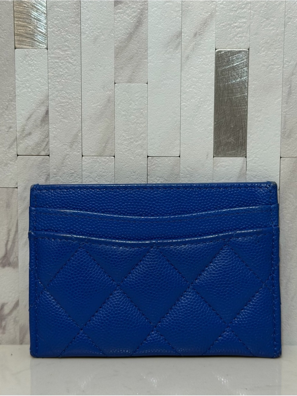 💙*RARE* CHANEL Caviar Quilted Card Holder Wallet in Cobalt Blue - Picture 11 of 15